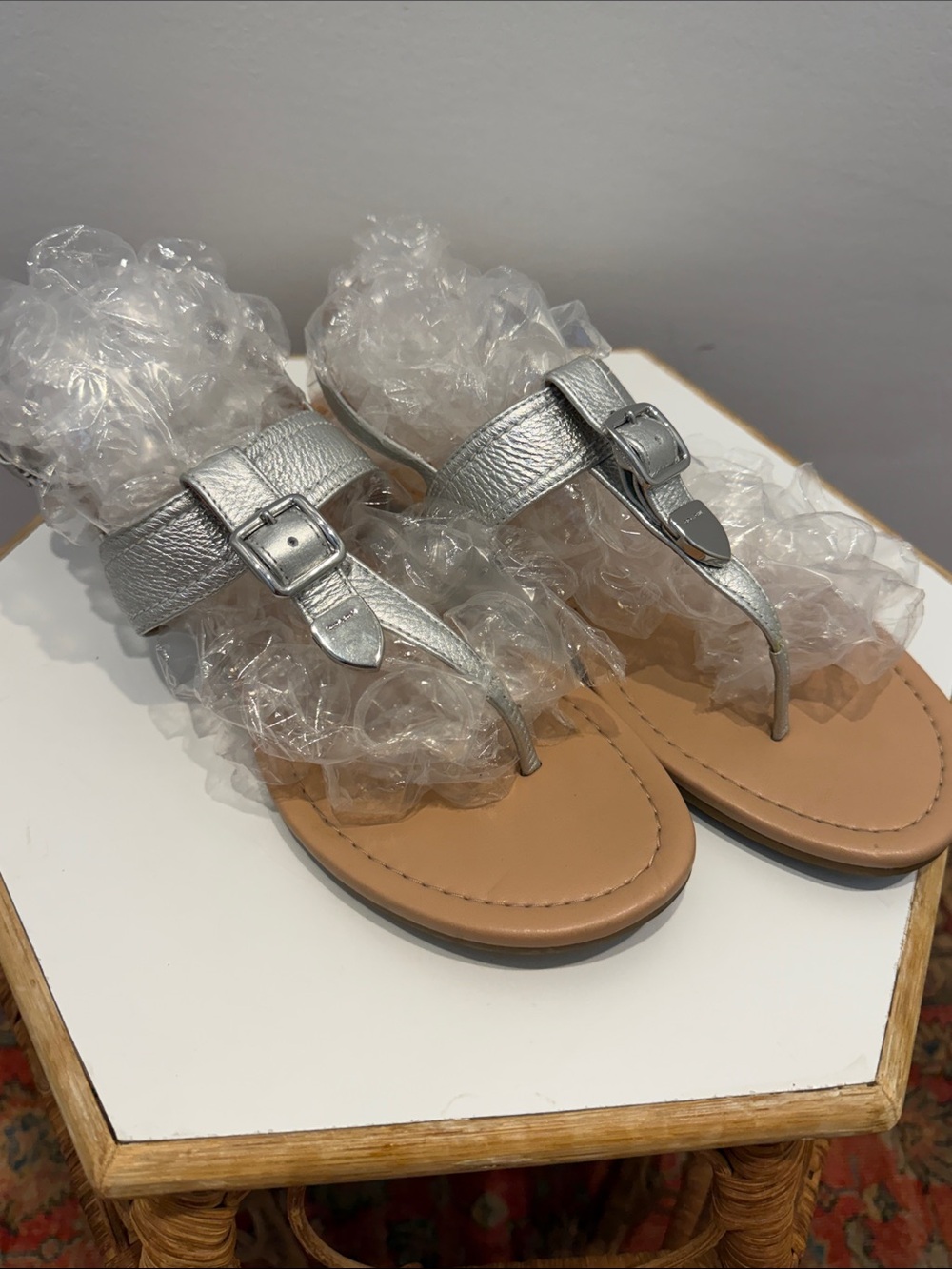 Coach Silver Leather Thong Sandals with Buckle Detail